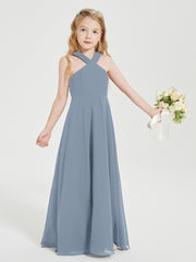 Grecian Neckline Long Dresses for Junior Bridesmaids Dusty Blue