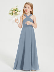 Grecian Neckline Long Dresses for Junior Bridesmaids Dusty Blue
