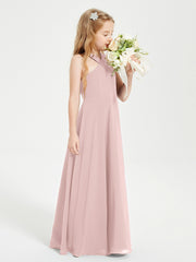 Grecian Neckline Long Dresses for Junior Bridesmaids Dusty Rose