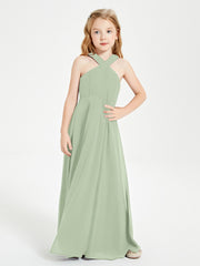 Grecian Neckline Long Dresses for Junior Bridesmaids Dusty Sage