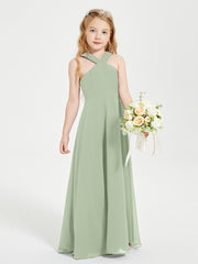 Grecian Neckline Long Dresses for Junior Bridesmaids Dusty Sage