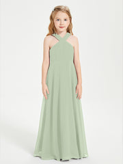 Grecian Neckline Long Dresses for Junior Bridesmaids Dusty Sage