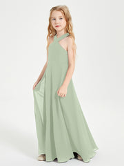 Grecian Neckline Long Dresses for Junior Bridesmaids Dusty Sage