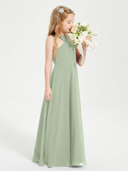 Grecian Neckline Long Dresses for Junior Bridesmaids Dusty Sage