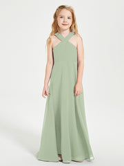 Grecian Neckline Long Dresses for Junior Bridesmaids Dusty Sage