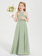 Grecian Neckline Long Dresses for Junior Bridesmaids Dusty Sage