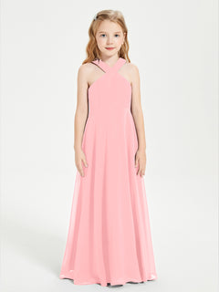 Grecian Neckline Long Dresses for Junior Bridesmaids Flamingo