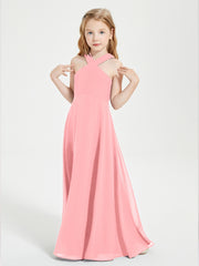 Grecian Neckline Long Dresses for Junior Bridesmaids Flamingo