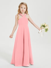 Grecian Neckline Long Dresses for Junior Bridesmaids Flamingo