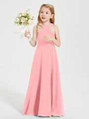 Grecian Neckline Long Dresses for Junior Bridesmaids Flamingo