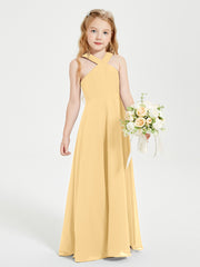 Grecian Neckline Long Dresses for Junior Bridesmaids Gold