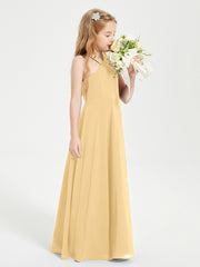 Grecian Neckline Long Dresses for Junior Bridesmaids Gold