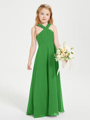 Grecian Neckline Long Dresses for Junior Bridesmaids Green
