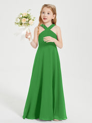 Grecian Neckline Long Dresses for Junior Bridesmaids Green