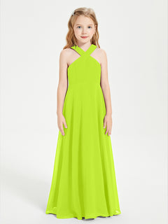 Grecian Neckline Long Dresses for Junior Bridesmaids Lime Green