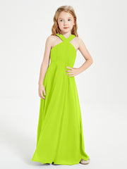 Grecian Neckline Long Dresses for Junior Bridesmaids Lime Green