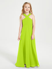 Grecian Neckline Long Dresses for Junior Bridesmaids Lime Green