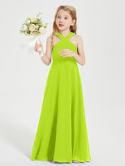 Grecian Neckline Long Dresses for Junior Bridesmaids Lime Green