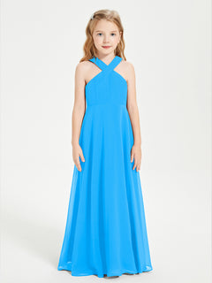 Grecian Neckline Long Dresses for Junior Bridesmaids Ocean Blue