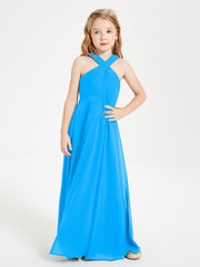 Grecian Neckline Long Dresses for Junior Bridesmaids Ocean Blue