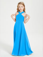 Grecian Neckline Long Dresses for Junior Bridesmaids Ocean Blue