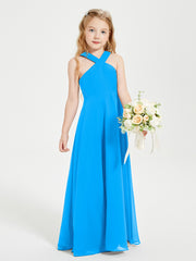 Grecian Neckline Long Dresses for Junior Bridesmaids Ocean Blue