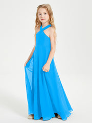 Grecian Neckline Long Dresses for Junior Bridesmaids Ocean Blue