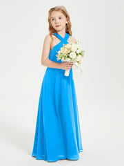 Grecian Neckline Long Dresses for Junior Bridesmaids Ocean Blue