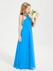 Grecian Neckline Long Dresses for Junior Bridesmaids Ocean Blue