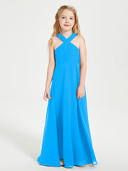 Grecian Neckline Long Dresses for Junior Bridesmaids Ocean Blue