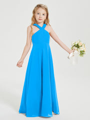 Grecian Neckline Long Dresses for Junior Bridesmaids Ocean Blue