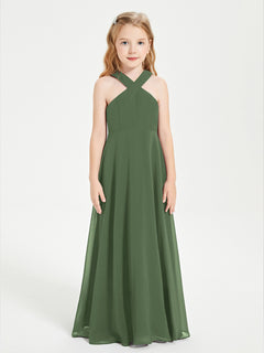 Grecian Neckline Long Dresses for Junior Bridesmaids Olive Green