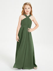 Grecian Neckline Long Dresses for Junior Bridesmaids Olive Green