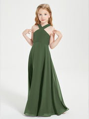 Grecian Neckline Long Dresses for Junior Bridesmaids Olive Green
