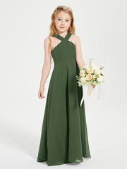 Grecian Neckline Long Dresses for Junior Bridesmaids Olive Green