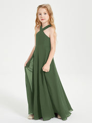 Grecian Neckline Long Dresses for Junior Bridesmaids Olive Green