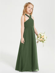 Grecian Neckline Long Dresses for Junior Bridesmaids Olive Green