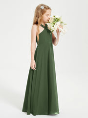 Grecian Neckline Long Dresses for Junior Bridesmaids Olive Green