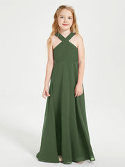 Grecian Neckline Long Dresses for Junior Bridesmaids Olive Green