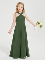 Grecian Neckline Long Dresses for Junior Bridesmaids Olive Green