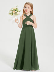 Grecian Neckline Long Dresses for Junior Bridesmaids Olive Green