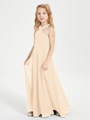 Grecian Neckline Long Dresses for Junior Bridesmaids Peach