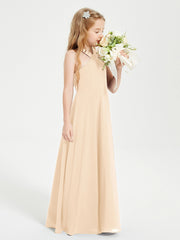 Grecian Neckline Long Dresses for Junior Bridesmaids Peach