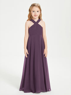 Grecian Neckline Long Dresses for Junior Bridesmaids Plum