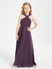 Grecian Neckline Long Dresses for Junior Bridesmaids Plum