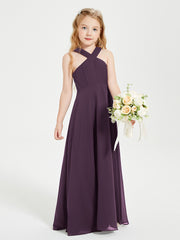 Grecian Neckline Long Dresses for Junior Bridesmaids Plum