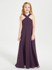 Grecian Neckline Long Dresses for Junior Bridesmaids Plum
