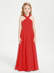 Grecian Neckline Long Dresses for Junior Bridesmaids Red