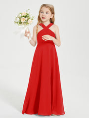 Grecian Neckline Long Dresses for Junior Bridesmaids Red