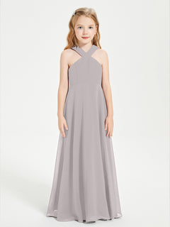 Grecian Neckline Long Dresses for Junior Bridesmaids Silver